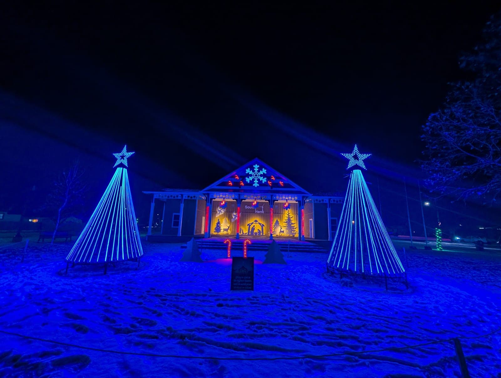 Outdoor Christmas display with two blue light-cone trees flanking a warmly lit nativity scene at a community pavilion.